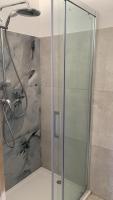 a shower with a glass door in a bathroom at Maison neuve avec piscine in Corbara