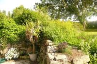 a garden with potted plants on a stone wall at Granite stone house with fireplace, Plouguerneau in Plouguerneau