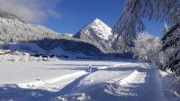 a snow covered lake with a mountain in the background at Fernblick Frühstückspension in Schoppernau