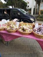 a table with baskets of vegetables on a pink table at Résidence arc en ciel, proche de la plage accés direct ,internet et parking privatif gratuit in La Grande Motte