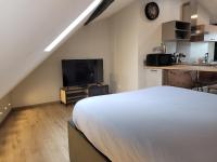 a bedroom with a white bed and a tv at Studio au centre-ville in Saint-Jean-de-Losne