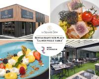 a collage of four pictures of a restaurant with a plate of food at Contact Hôtel Astréa Nevers Nord et son restaurant la Nouvelle Table in Varennes Vauzelles