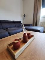 two vases on a tray on a table in a living room at Apartman ARIA in Zagreb