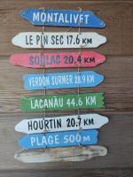 a group of signs hanging on a wooden wall at la cabane vensac ocean montalivet in Vensac