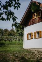 a building with yellow shuttered windows and a vineyard at Kellerstöckl Berg 106 in Strem