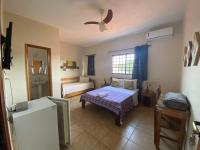 a bedroom with a bed and a refrigerator at Chico de Sá Pousada in Pirenópolis