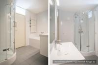 two pictures of a bathroom with a shower and a sink at Residentie Californië in De Koog