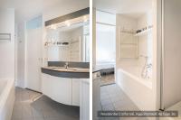 two pictures of a bathroom with a sink and a tub at Residentie Californië in De Koog