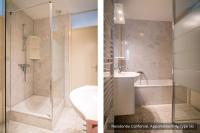 two pictures of a bathroom with a shower and a sink at Residentie Californië in De Koog
