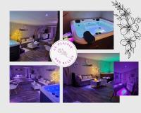 a collage of four pictures of a living room and a pool at Chambres d&#39;hôtes avec jacuzzi privatif in Westrehem