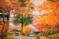 Un autobús estacionado frente a una casa con hojas de otoño. en Karuizawa Prince Hotel West, en Karuizawa