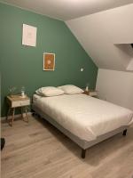 Ce lit se trouve dans un dortoir doté de murs verts et de 2 tables. dans l&#39;établissement Belle maison neuve Meung sur Loire *450M Bords de Loire* *FIBRE WIFI*, à Meung-sur-Loire