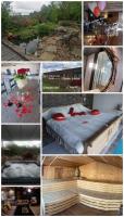 a collage of pictures of a bed with red flowers at Gite wellness Au champ du bouillon proche de Pairi Daiza et de la ville Ath 