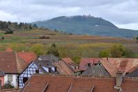 a town with roofs and a mountain in the background at S&#39;Harzala Jaune in Bergheim