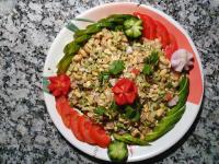 um prato de comida com uma salada na mesa em The Tiger Claw Resort em Rāmnagar