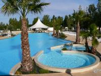 a large swimming pool with palm trees in a resort at Bungalow de 3 chambres avec piscine partagee et terrasse a Vias a 1 km de la plage in Vias