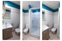 two pictures of a bathroom with a toilet and a shower at The Originals Access, Hôtel les Iris, Berck-sur-Mer in Berck-sur-Mer