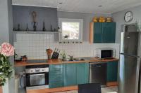 a kitchen with green cabinets and a sink at La Cabane aux Acacias~vacances nature et au calme in Mézos