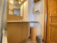 a bathroom with a sink and a mirror and a trash can at Appartement Praz-sur-Arly, 3 pièces, 6 personnes - FR-1-603-16 in Praz-sur-Arly