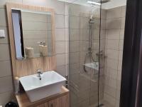 a bathroom with a sink and a shower at Végvári Vendégház in Magyarbóly