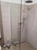 a shower with a glass door in a bathroom at Végvári Vendégház in Magyarbóly