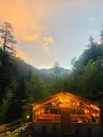 eine Hütte im Wald mit Licht drauf in der Unterkunft Mystic Vibes - Jibhi in Jibhi