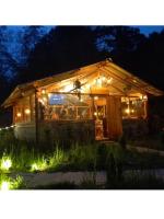 eine kleine, nachts beleuchtete Hütte mit Licht in der Unterkunft Mystic Vibes - Jibhi in Jibhi