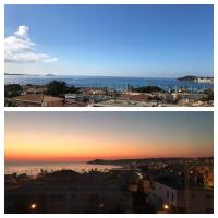 two pictures of a sunset and a city at Charming Studio With Terrace And 180 Sea View in Six-Fours-les-Plages