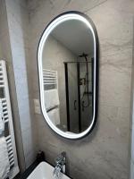 a bathroom mirror on a wall with a sink at Studio calme &amp; lumineux, vue sur le jardin, WIFI in Paris