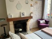 a living room with a fireplace and a purple chair at le studio Champlain in Honfleur
