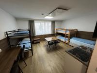 a dorm room with bunk beds and a table and a desk at F Hotel in Hörsching