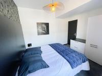 a bedroom with a large bed with blue pillows at Joli appartement hyper-centre in Alençon