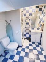 a blue and white bathroom with a toilet and a sink at Charmant studio au coeur de Blois in Blois