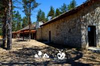 ein Steingebäude mit einem Hof und zwei weißen Häusern in der Unterkunft Alvão Village & Camping in Reguengo