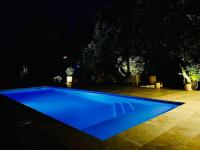 a blue swimming pool in a yard at night at Maset de caractère à Saint Siffret, Uzège. in Saint-Siffret