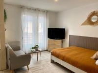 1 dormitorio con 1 cama, TV y silla en Studio avec Balcon proche Gare, en Bourg-en-Bresse