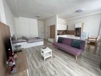 Una sala de estar con un sofá morado y una cocina. en Apartman Liptov NP14, en Liptovský Mikuláš