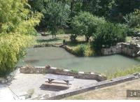 a park with a picnic table in front of a pond at Le Moulin du Modon in Couffy