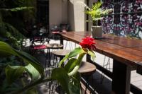 una flor roja en una planta junto a una mesa de madera en Fierro Hotel Buenos Aires, en Buenos Aires