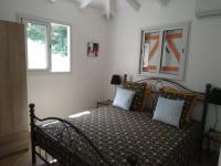 ein Schlafzimmer mit einem Bett und zwei Fenstern in der Unterkunft Le papillon bleu in Sainte-Anne