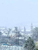 a snow covered city with a clock tower in the distance at Studio Marie-Rose in Ribeauvillé