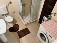 a bathroom with a shower and a washing machine at Apartment Ken in Surčin