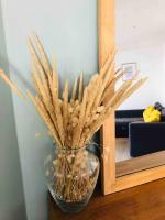 a glass vase with seaweeds in it next to a mirror at Appartement A confortable et lumineux in Neufchâtel-Hardelot