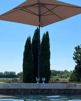 two wine glasses sitting under an umbrella next to a swimming pool at Jardin Meurin in Tabanac