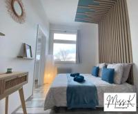 ein Schlafzimmer mit einem Bett mit blauen Kissen darauf in der Unterkunft L&#39;Héritan de Miss.K Conciergerie in Mâcon