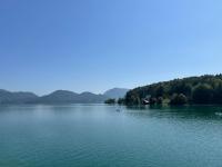a view of a lake with mountains in the background at Ferienwohnung am Walchensee in Walchensee