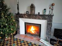 a fireplace with a christmas tree in a room at Gîte Bazouges-sur-le-Loir, 6 pièces, 10 personnes - FR-1-410-377 in Bazouges-sur-le-Loir