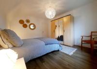 a bedroom with a large bed and a chandelier at Rooms 6 persons Kaysersberg in Kaysersberg