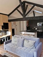 a living room with a blue couch and a kitchen at Bordeaux Chéri in Bordeaux