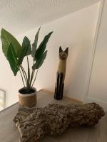 a cat statue sitting on a table next to a plant at Duplex Raphael- Wi-fi et parking privé in Toulon